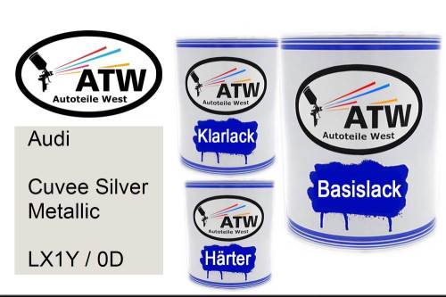 Audi, Cuvee Silver Metallic, LX1Y / 0D: 1L Lackdose + 1L Klarlack + 500ml Härter - Set, von ATW Autoteile West.